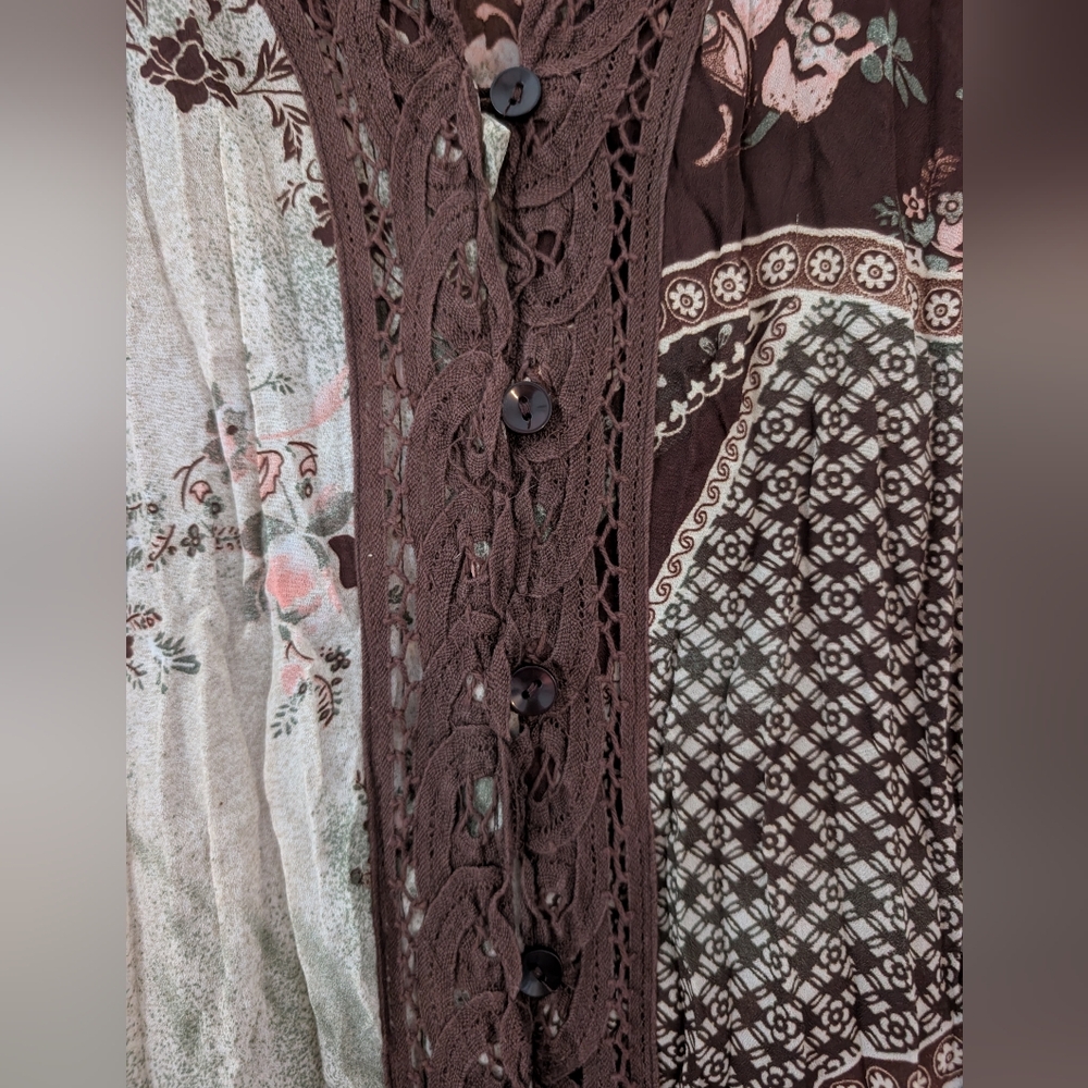 dressbarn Brown & Sage Floral Patchwork Lace-Trim Blouse Fairy Top Very Y2K - Picture 2 of 7
